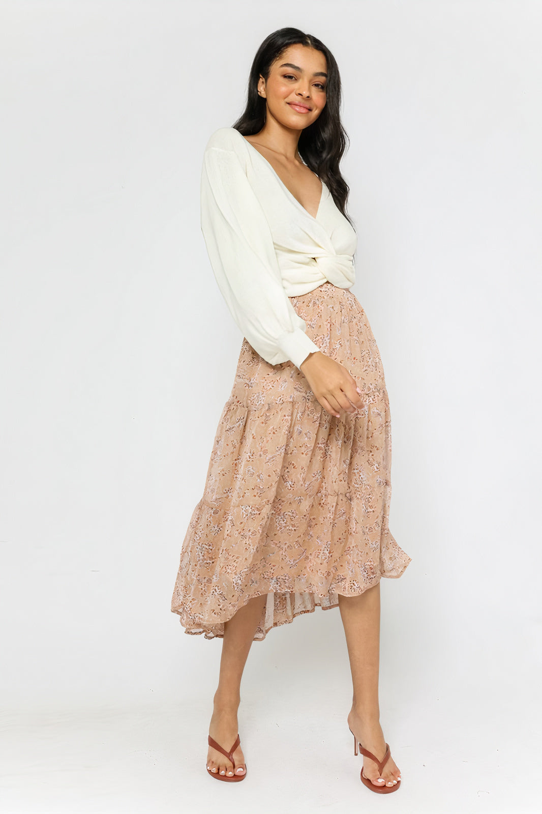 Khaki Floral Midi Skirt